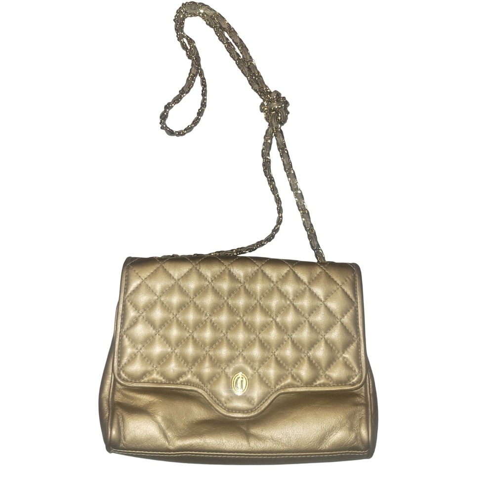 Ganson‎ Quilted Chain Strap Shoulder Bag Gold Metallic Leather Flap vintage Y2K